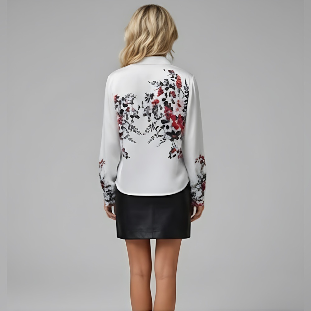 White Floral Print Button Down Blouse - Picture 4 of 5